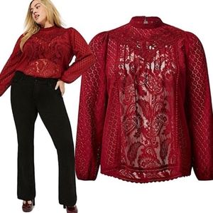 New Torrid 1X Mixed Lace High Neck Top-Rhubarb/ Dark Red NWT